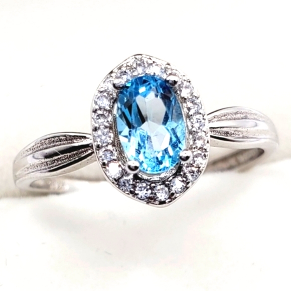 Jewelry - Natural Swiss Blue Topaz Sterling Silver Diamond Halo Ring